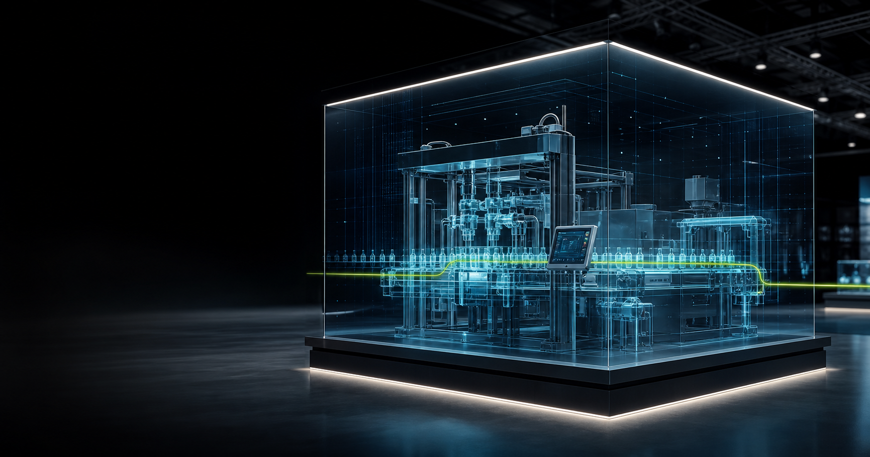 Technical packaging machinery visualized inside a holographic display